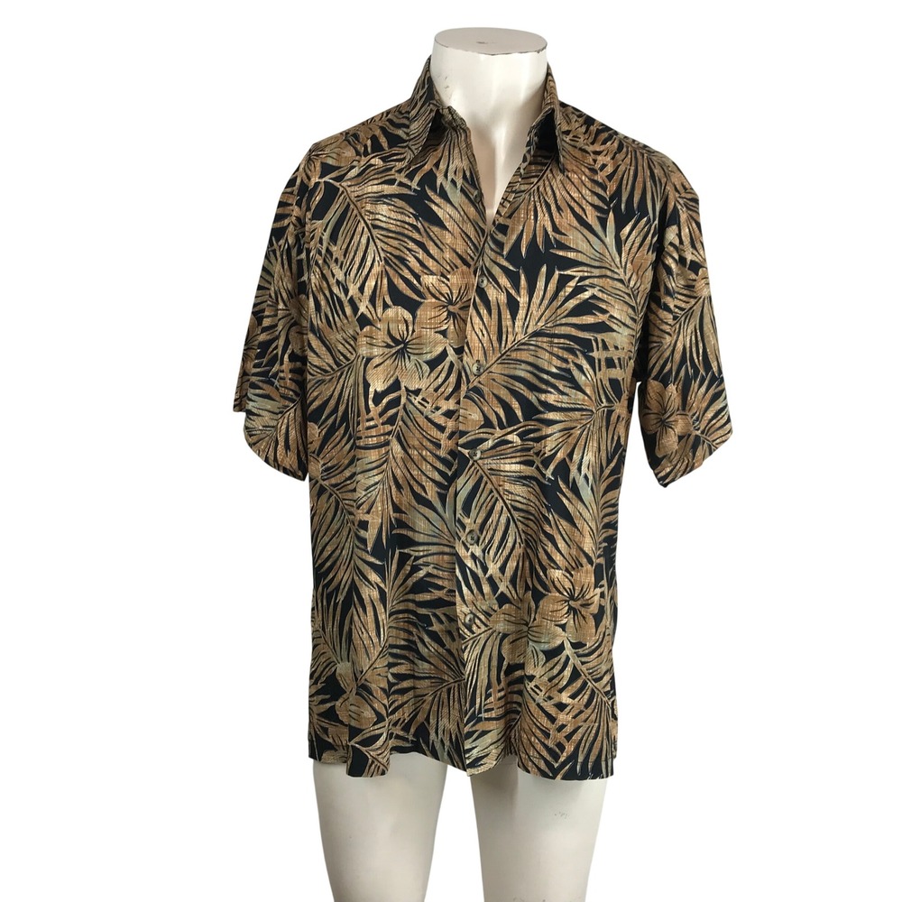 Tori Richard Honolulu Mens Medium Black Tan Palm Leaf Floral Cotton Aloha Shirt